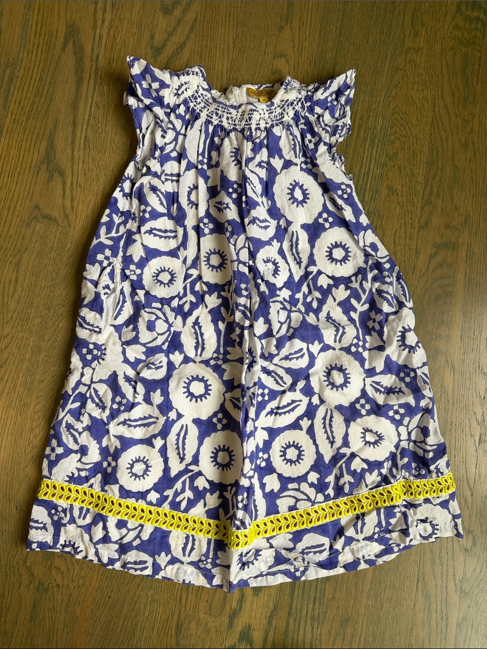 Girls' Blue and White Floral Sleeveless Dress with Yellow Trim